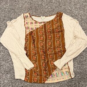 Artistic Patchwork Long Sleeve Top in Cream and Brown